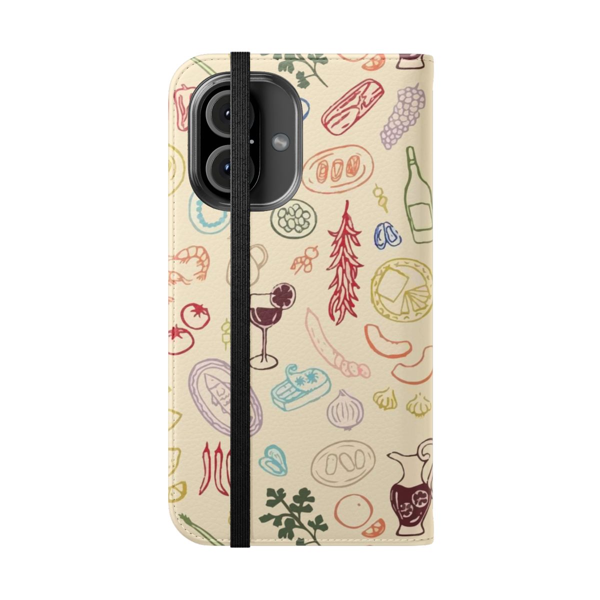 Colorful flip cover phone case with Amalfi coast-inspired Spanish pattern and fruit motif - Folded Front