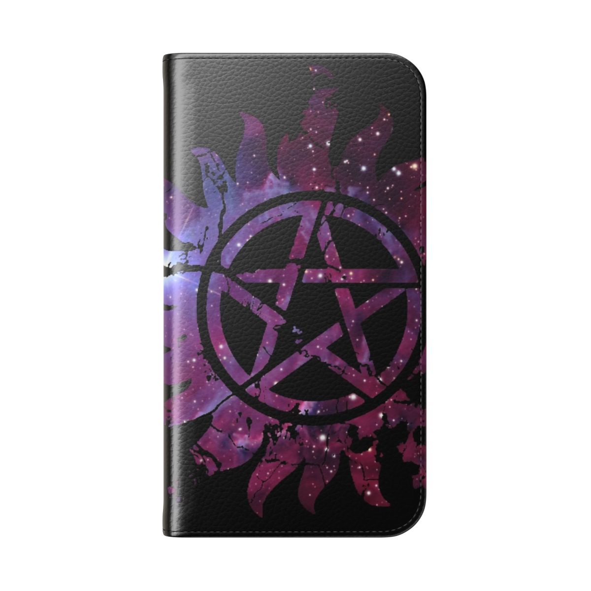 A flip phone case featuring a supernatural-inspired galaxy print design. - Folded Back