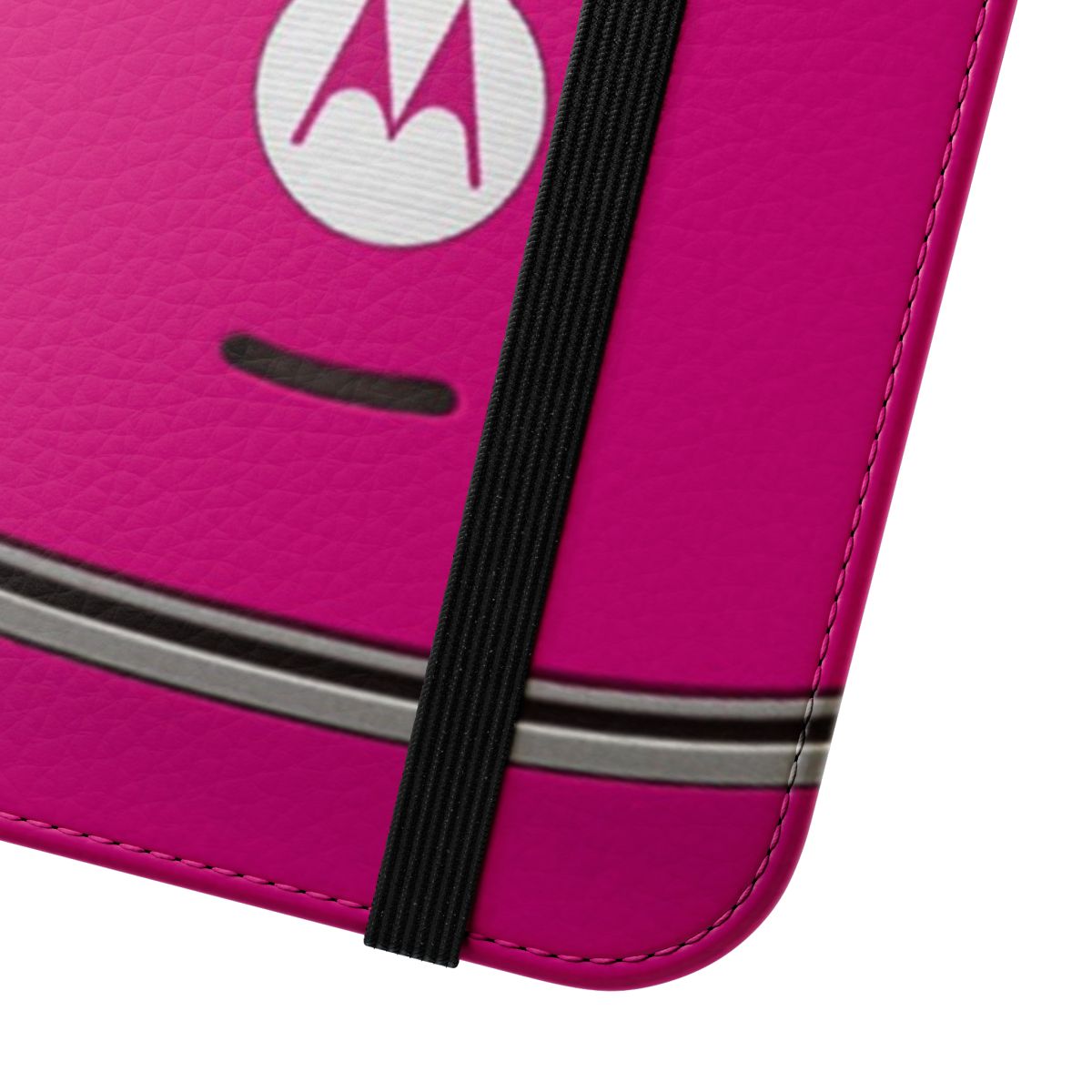 A pink flip cover phone case for the Motorola Razr smartphone, featuring a vintage and nostalgic design. - Close Up