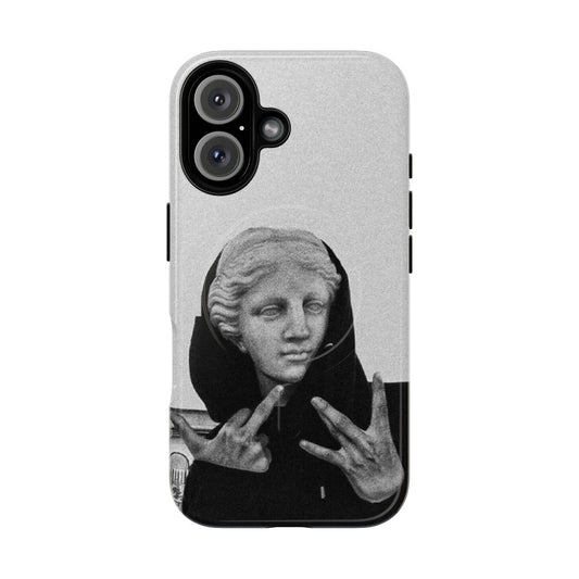 Aesthetic phone case featuring a Greek statue wearing a hoodie against a night sky background with stars, landscapes, and Japanese-inspired patterns.