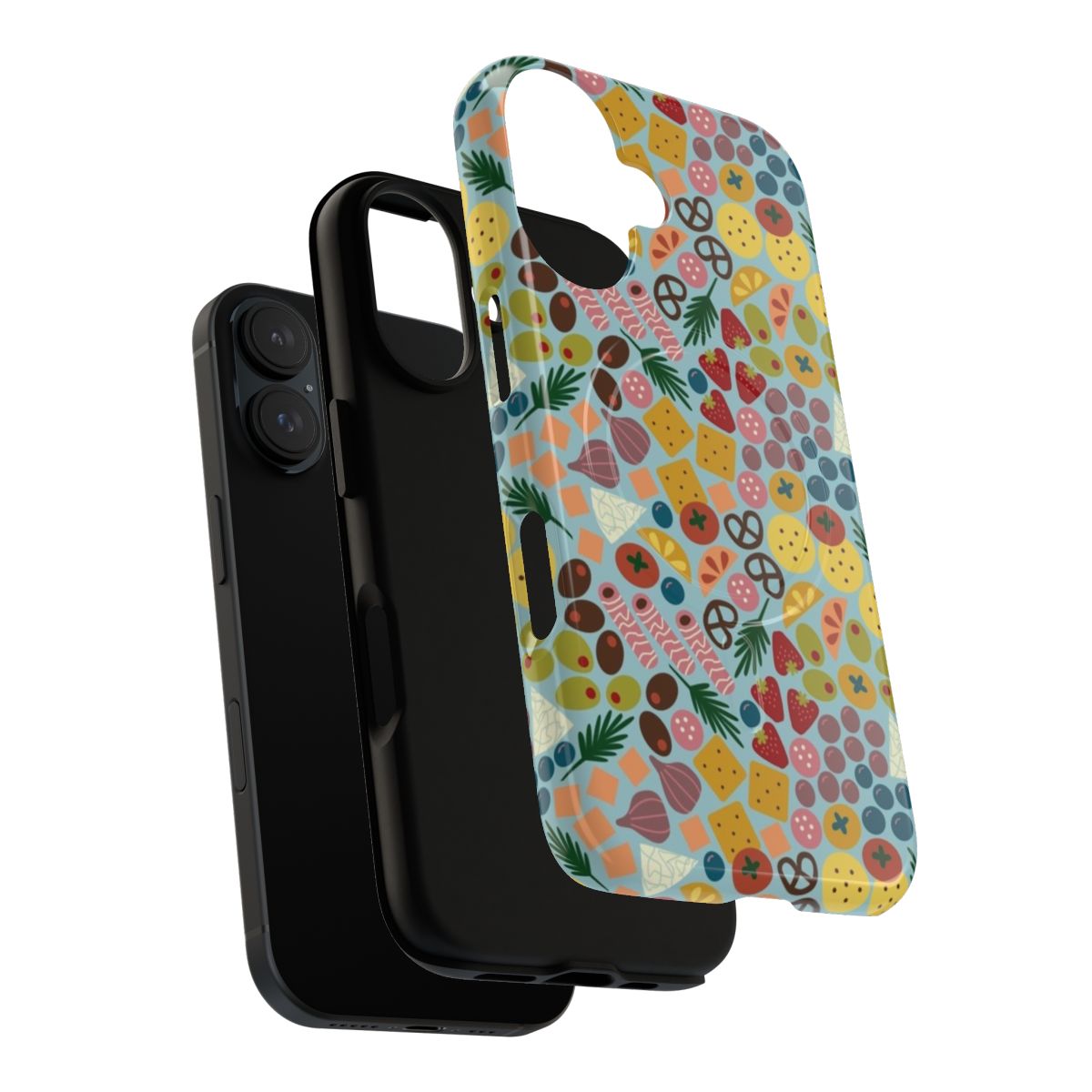 A colorful and modern phone case featuring a repeating pattern of charcuterie items, fruits, and vegetables. - Layers