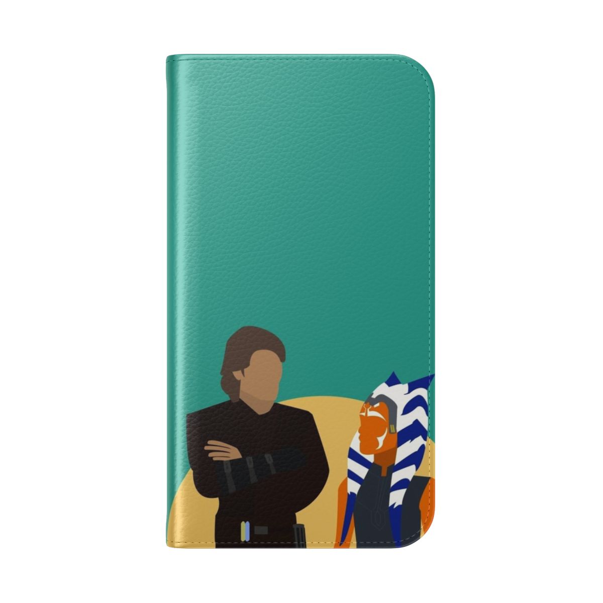 A high-quality flip cover phone case featuring an artistic design inspired by the Star Wars characters Ahsoka and Anakin. - Folded Back