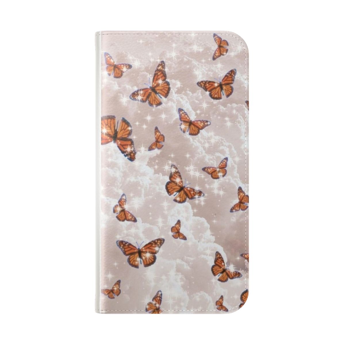 A stylish flip phone case featuring a design of aesthetic butterflies and clouds. - Folded Back