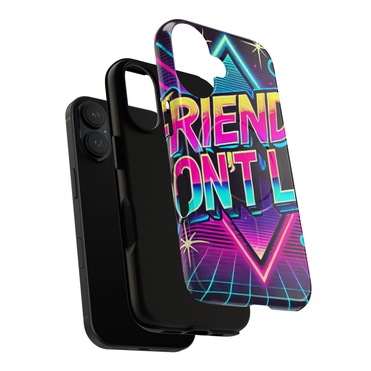 Retro 80s style phone case with "Friends Don't Lie" typography design, inspired by the TV show Stranger Things. - Layers