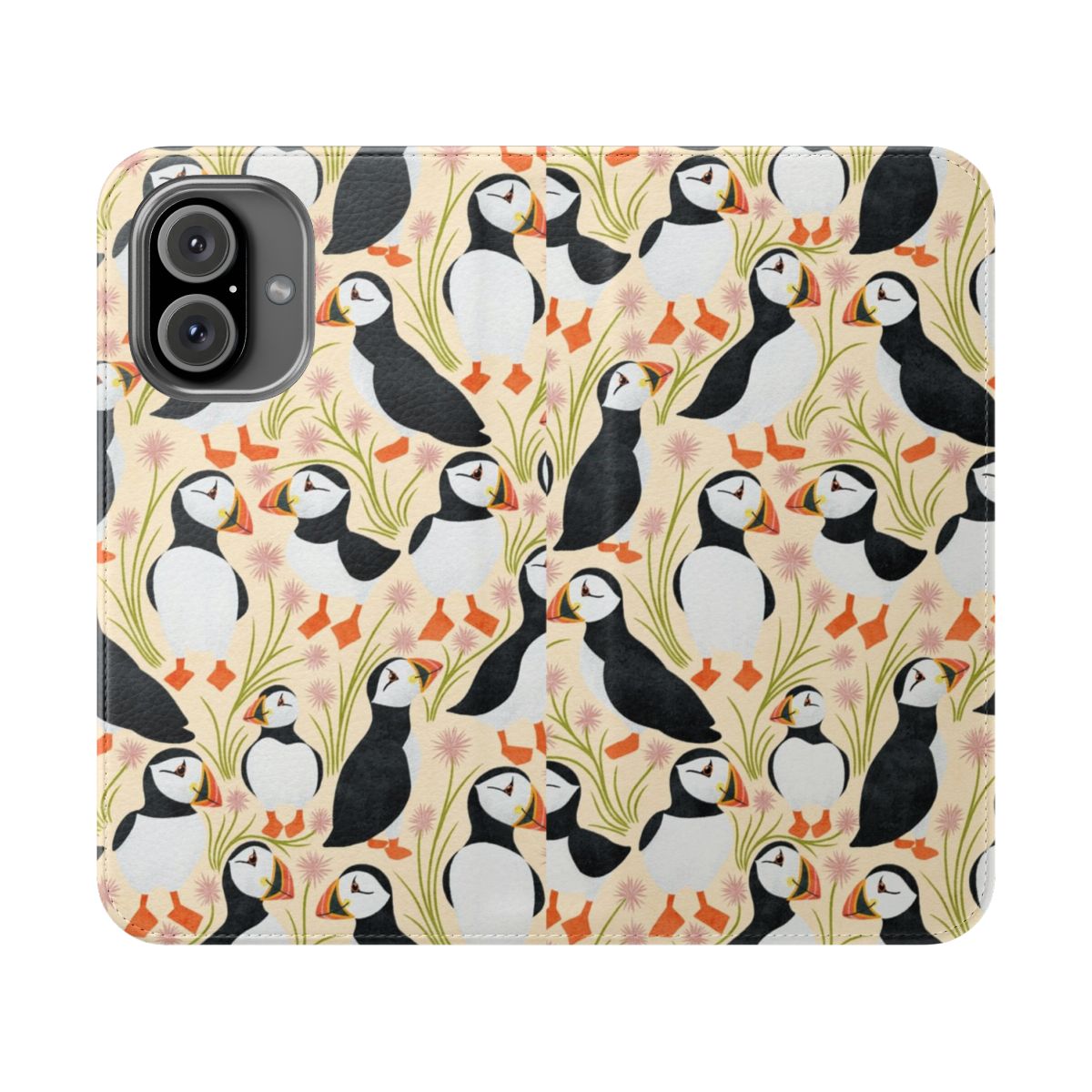 Vibrant floral phone case featuring puffins, coastal scenery, and nature imagery