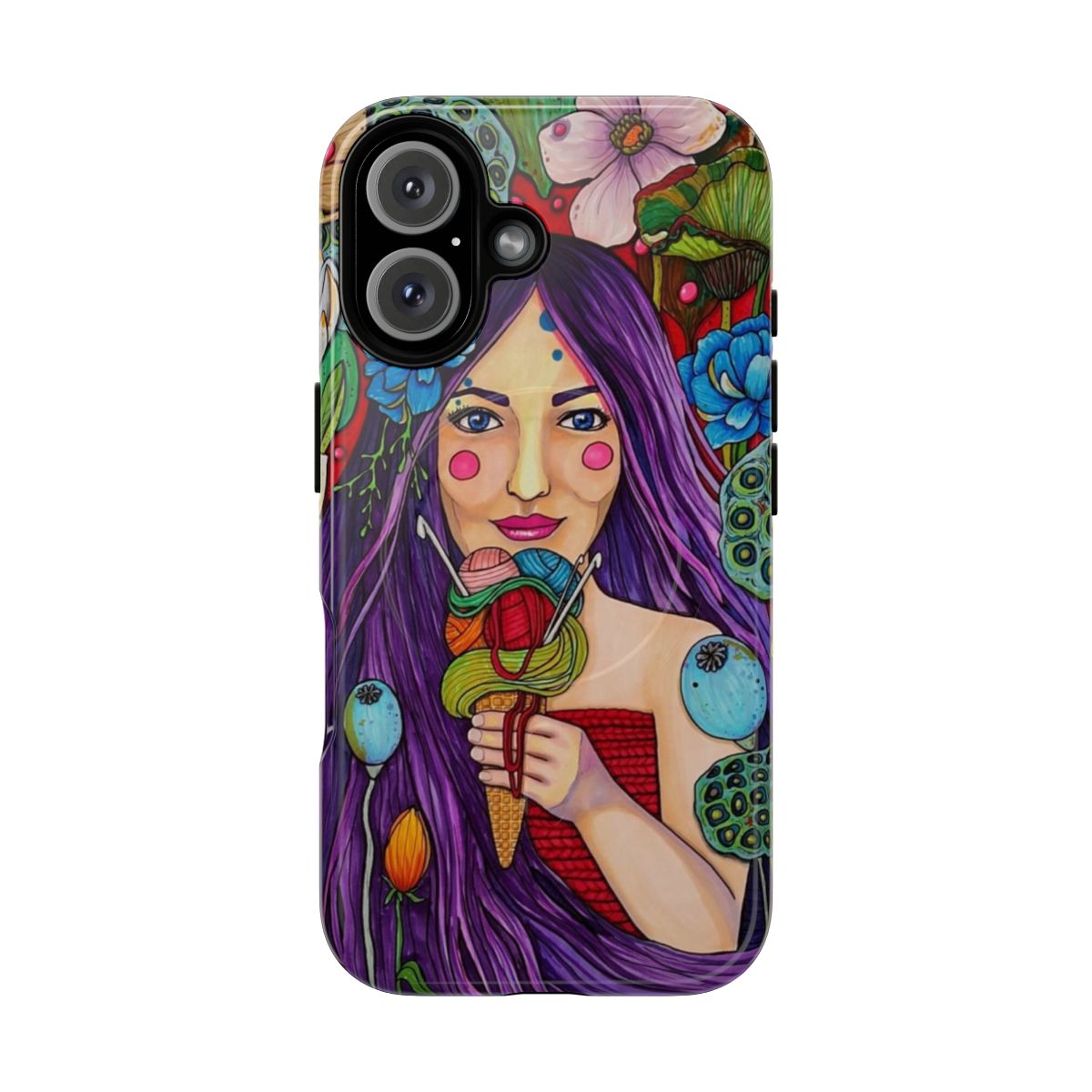 Colorful and whimsical phone case featuring a yarn-inspired design