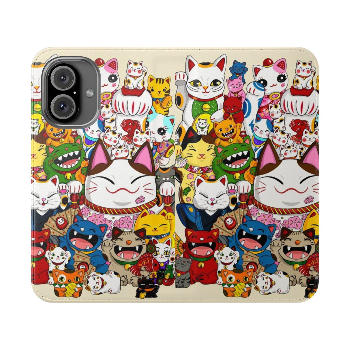 Colorful Maneki Neko (Lucky Cat) inspired phone case with a whimsical, artistic design