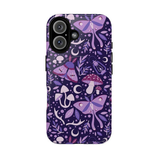 A purple phone case featuring a mystical forest design with moths, mushrooms, and other natural elements.