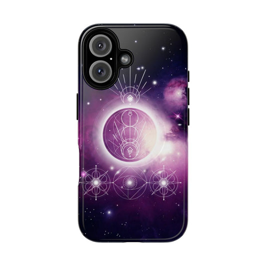 Cosmic phone case with vibrant sacred geometry patterns and abstract nebula designs