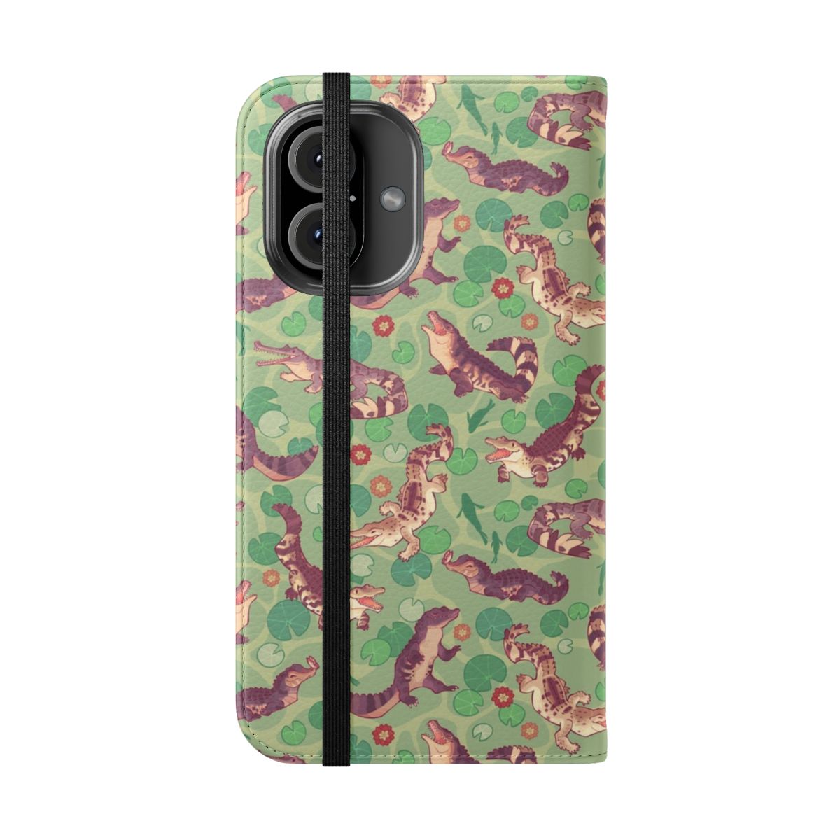 A vibrant flip cover phone case featuring a detailed pattern of crocodiles, alligators, and other reptiles in a lush, swampy environment. - Folded Front