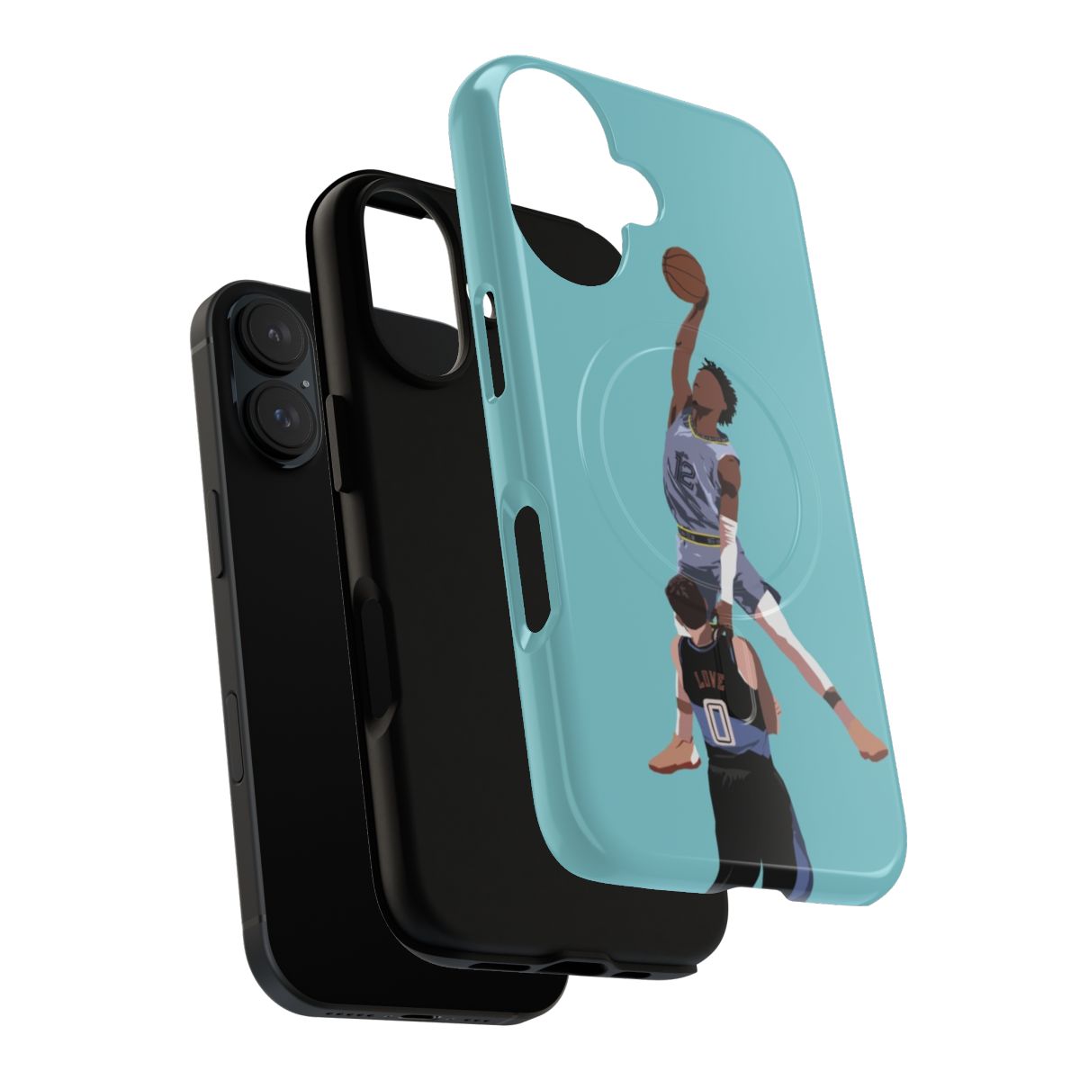 Phone case featuring a low-poly design of Ja Morant from the Memphis Grizzlies attempting to dunk on Kevin Love of the Cleveland Cavaliers. - Layers