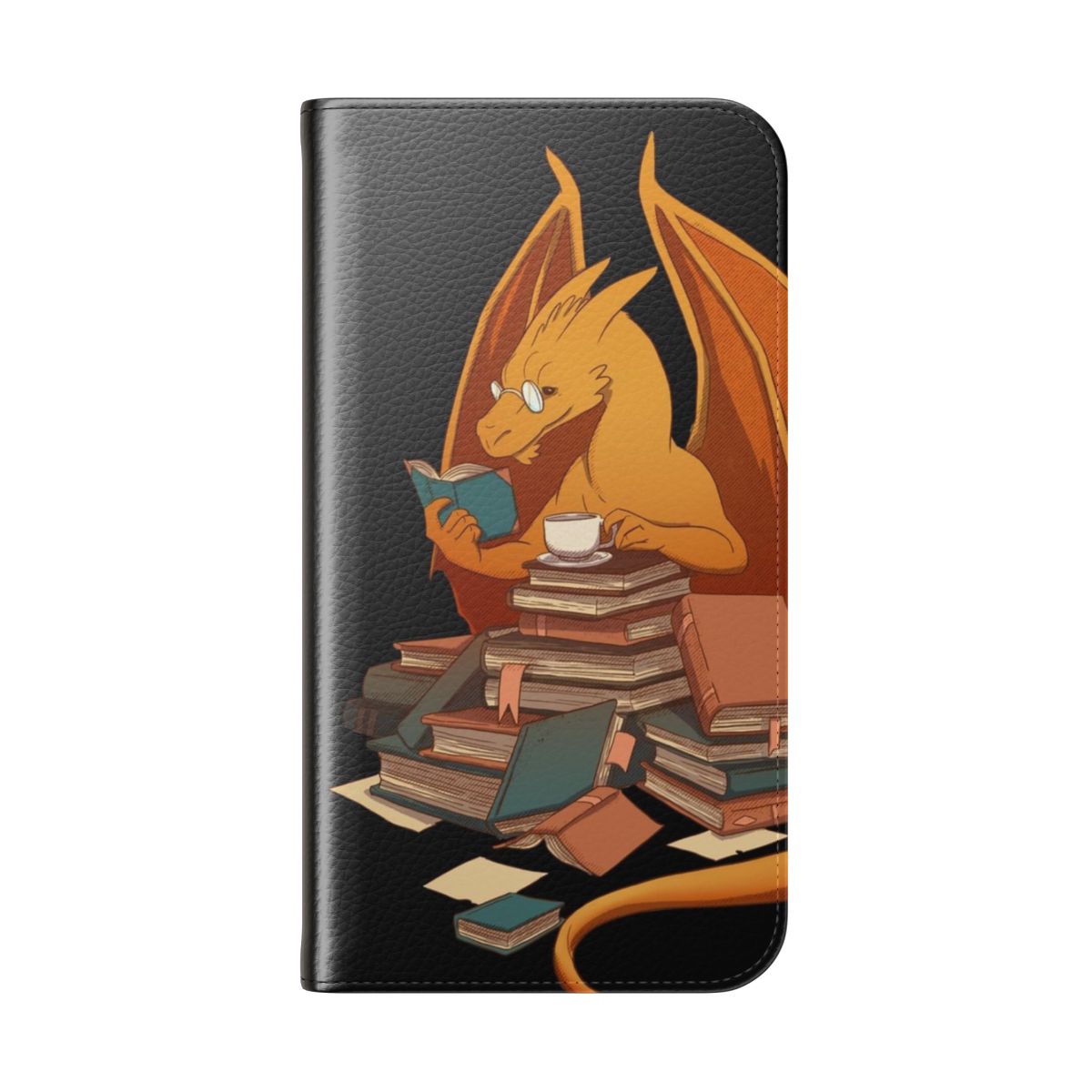 A fantasy-inspired flip cover phone case featuring a dragon and books, perfect for book lovers. - Folded Back