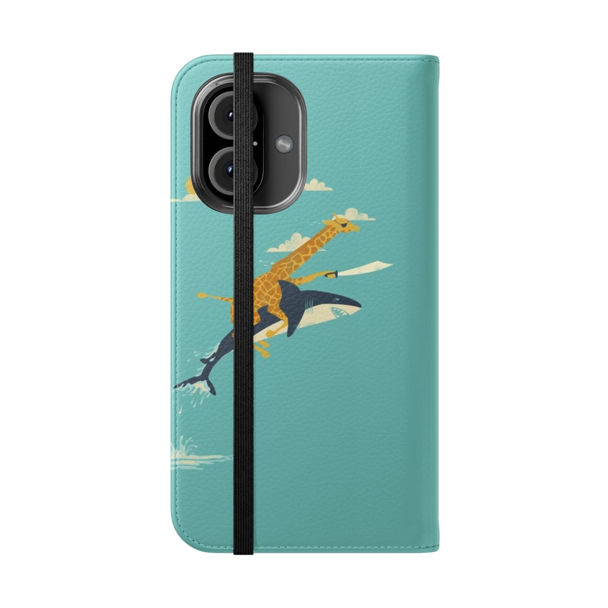 "Safari-themed flip cover phone case for smartphone with giraffe, shark, and eyepatch design" - Folded Front