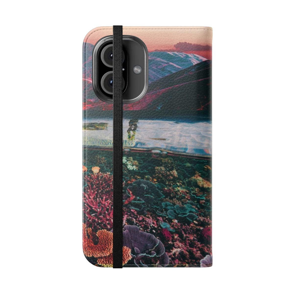 Vibrant abstract phone case featuring a digital collage design with underwater coral, mountains, and a trippy, bohemian aesthetic. - Folded Front