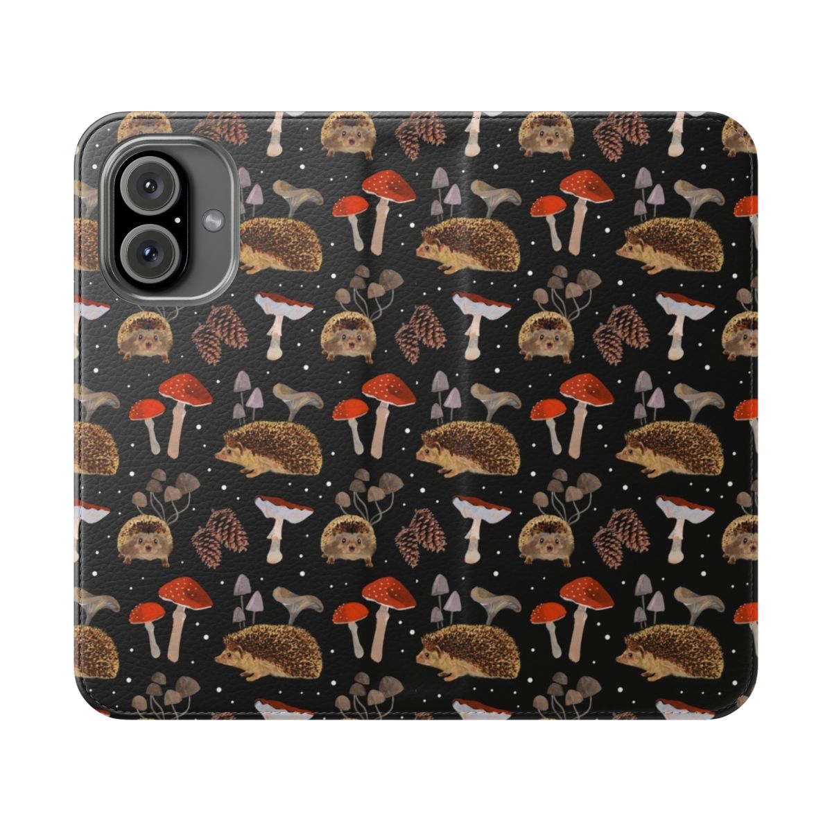 Vibrant watercolor illustration of hedgehogs and mushrooms on an autumn-themed phone case