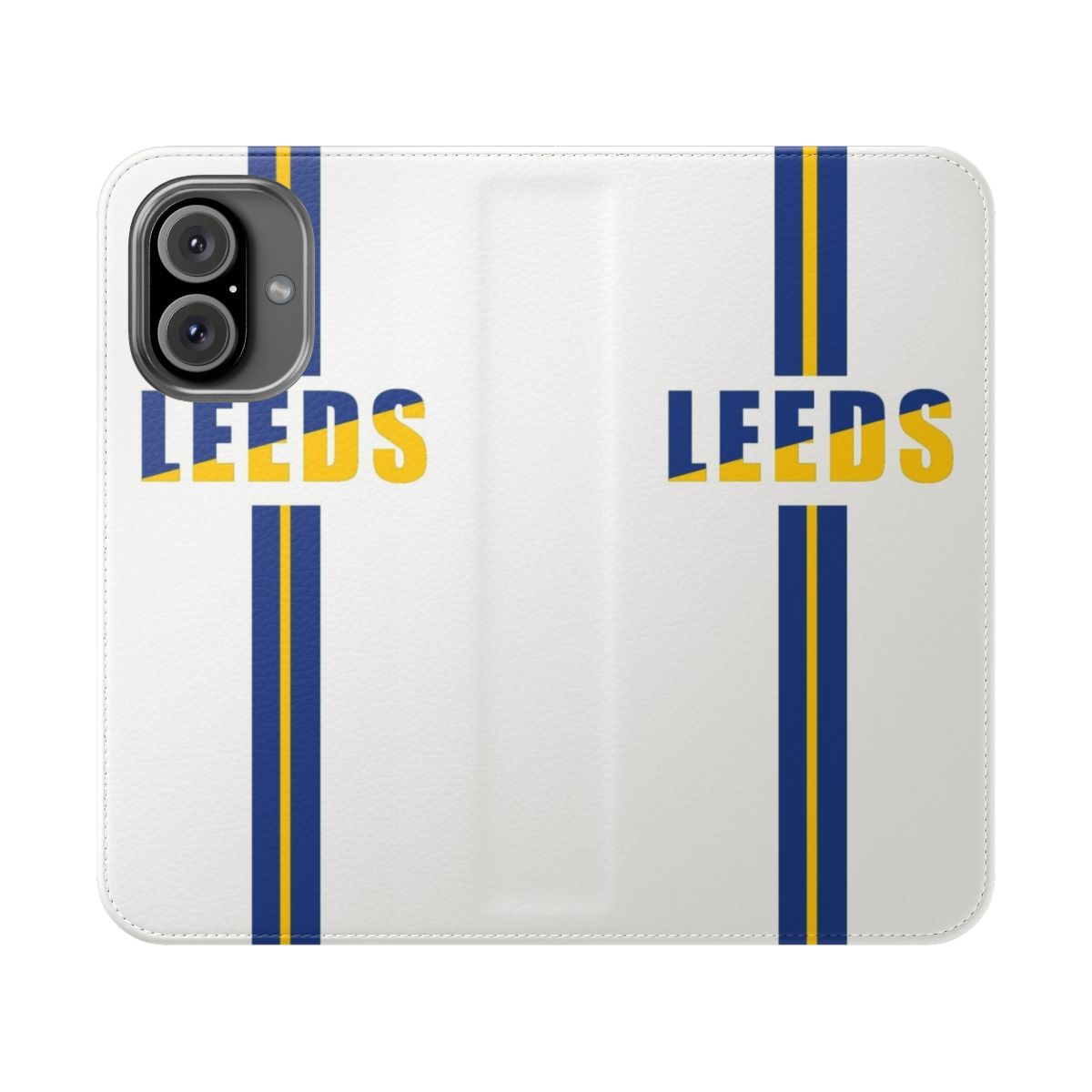 A stylish flip cover phone case featuring the Leeds United football club colors and logo.