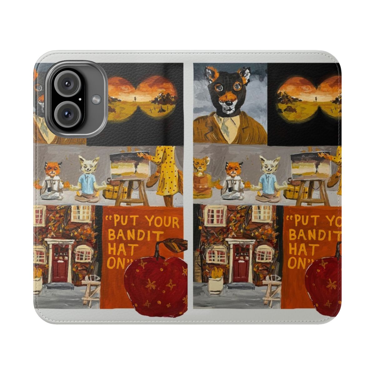 A vibrant orange phone case featuring the iconic Mr. Fox character from the Wes Anderson film "Fantastic Mr. Fox".