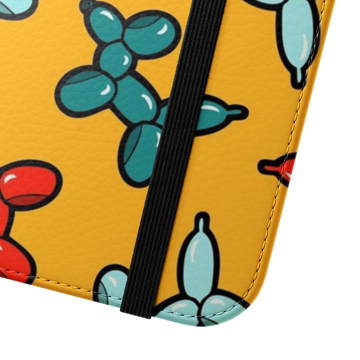 Colorful illustrated phone case featuring a repeating pattern of whimsical balloon animal dogs in shades of yellow, red, and blue. - Close Up