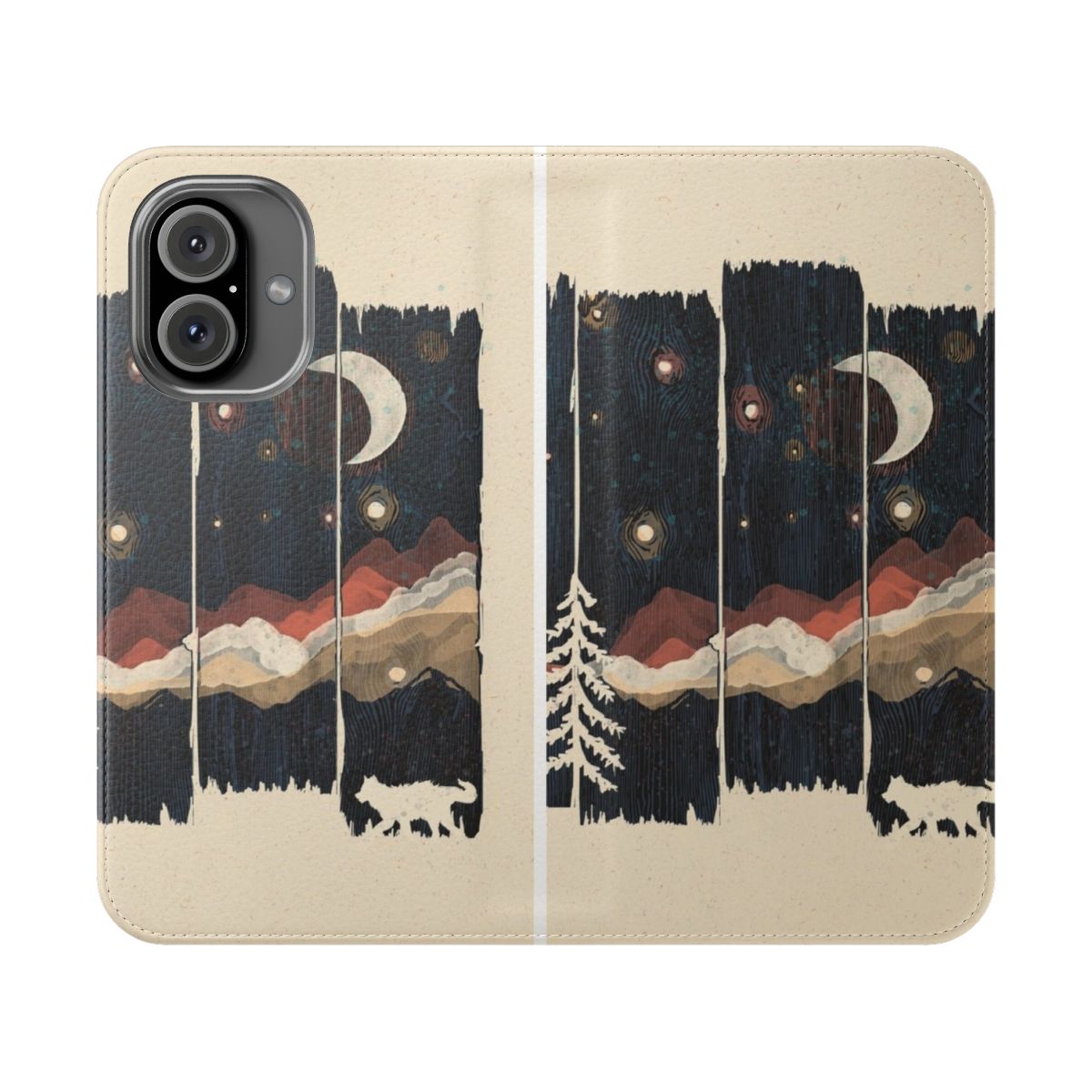 Starry night mountain landscape design on a flip phone case