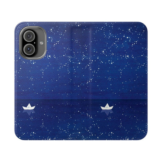 Watercolor phone case design featuring a paper boat sailing across a blue ocean with stars in the night sky