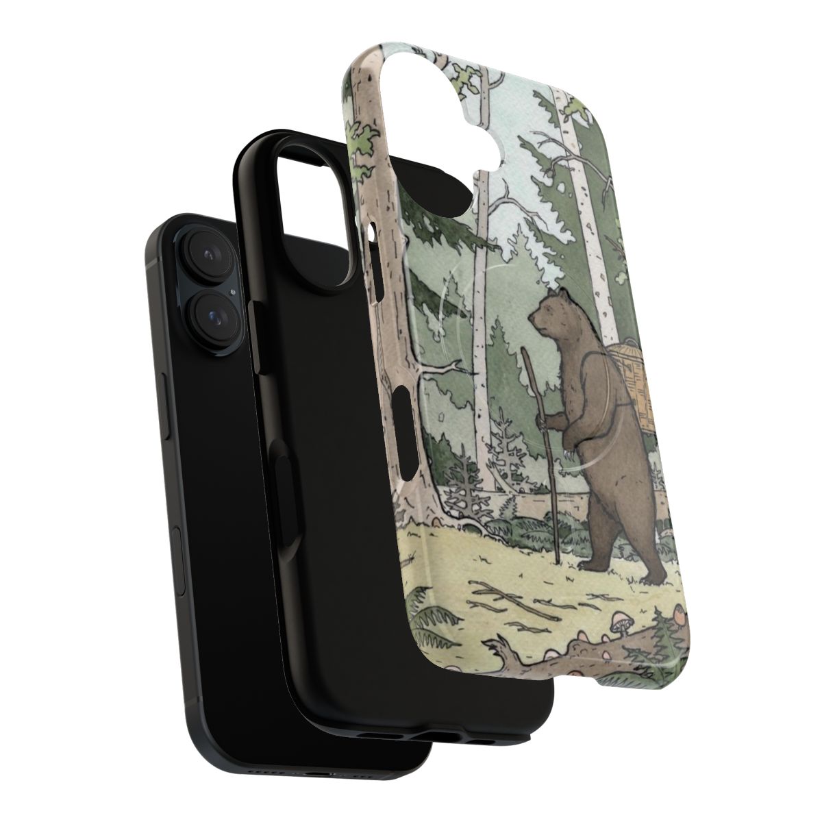 Artistic phone case featuring a bear in a forest, inspired by Russian folklore - Layers