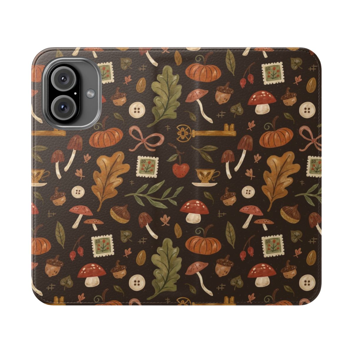 Autumn Inspired Flip Cover Phone Case with Floral and Leaf Pattern