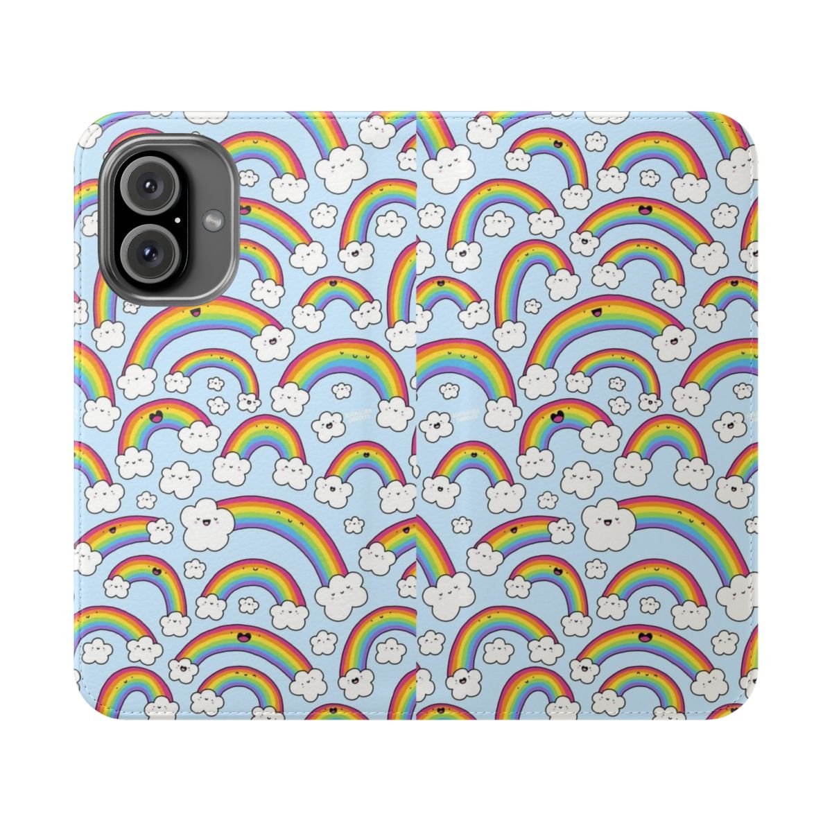 Colorful rainbow-themed phone case cover with doodle clouds and kawaii design