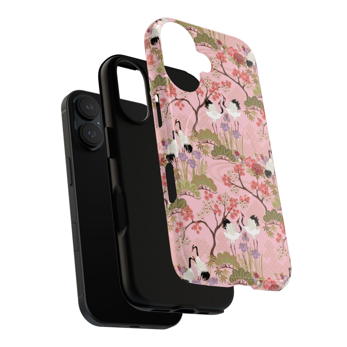 Phone case featuring a beautiful Japanese garden scene with pink flowers, cranes, and floral patterns. - Layers