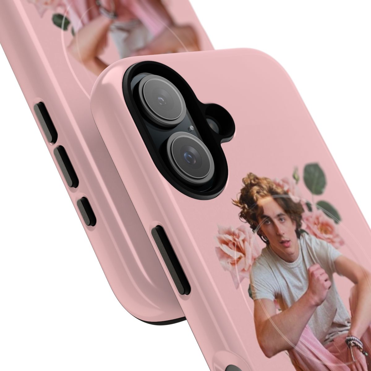 Floral magnetic tough phone case featuring an artistic design with Saint Timothee Chalamet's name - Detail