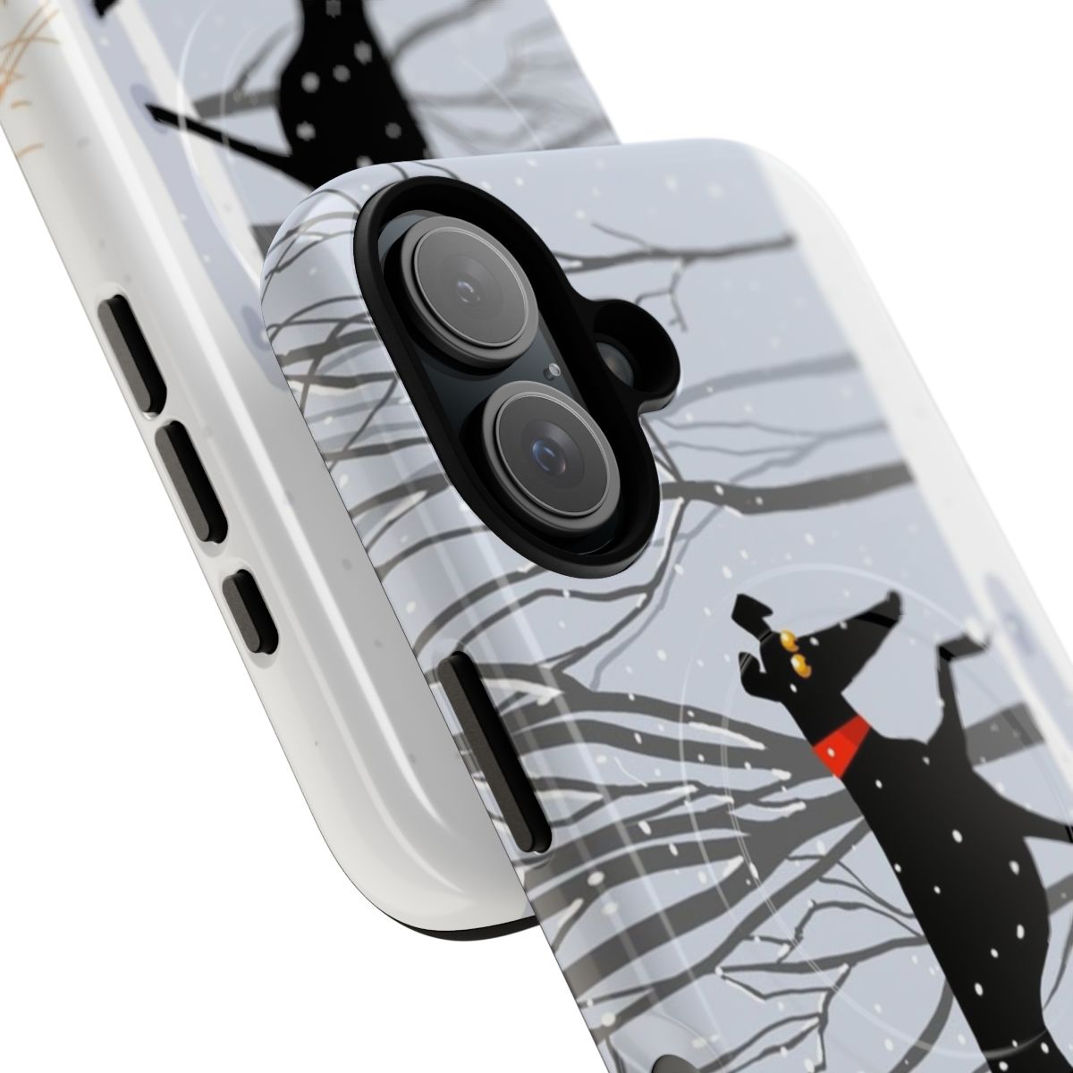 Illustration of a greyhound, whippet, or lurcher dog in a winter scene on a magnetic phone case - Detail