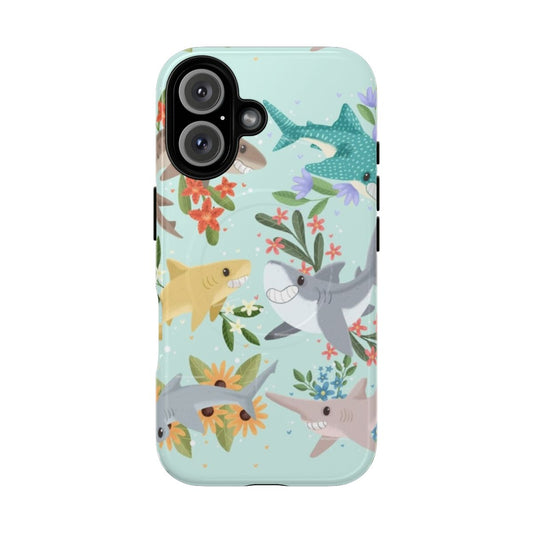 A colourful and stylish phone case featuring a floral design with a cute shark motif.