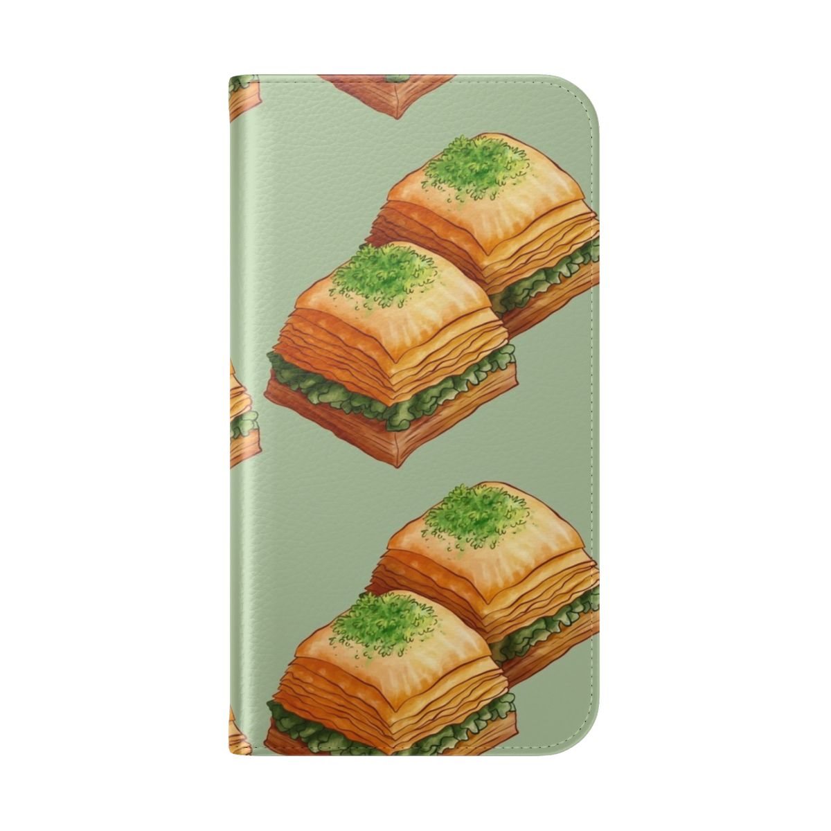 Handdrawn watercolor illustration of pistachio baklava pastry on a flip phone case - Folded Back