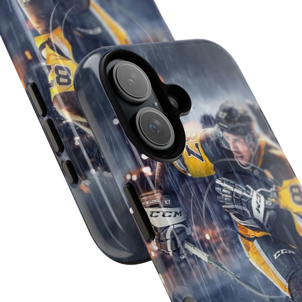 Artistic phone case design featuring an illustration of hockey player Sidney Crosby - Detail