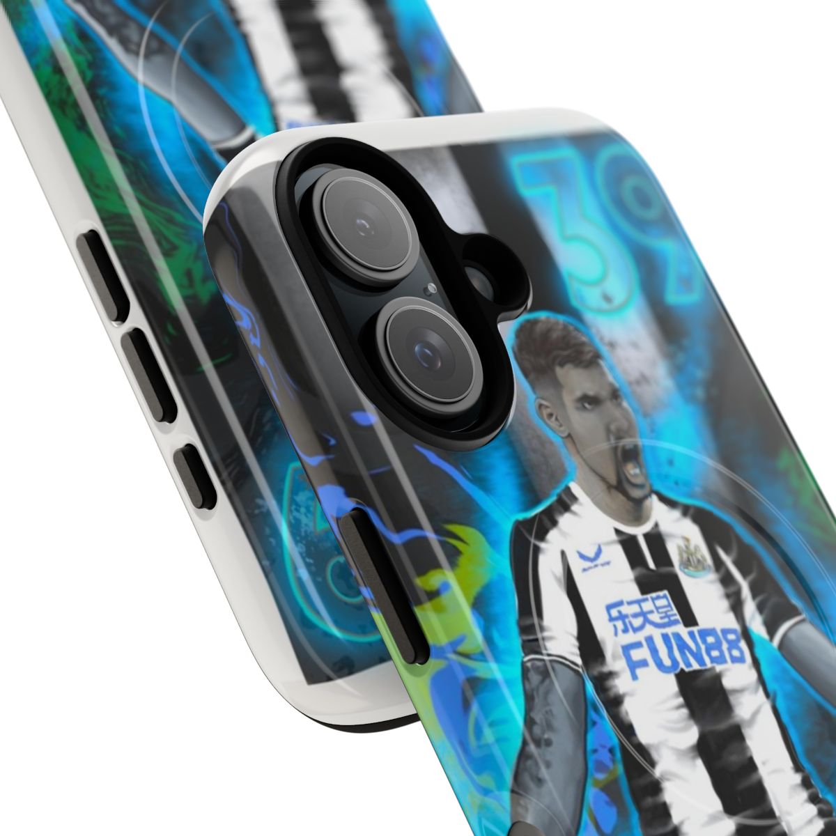 Newcastle United phone case featuring a design of Bruno Guimaraes, the popular NUFC player. - Detail