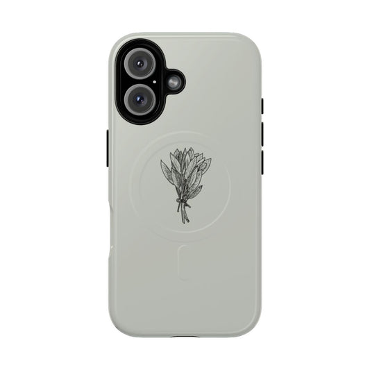 A minimalist phone case with a magnetic closure, featuring a botanical design with herbs, leaves, and floral elements.