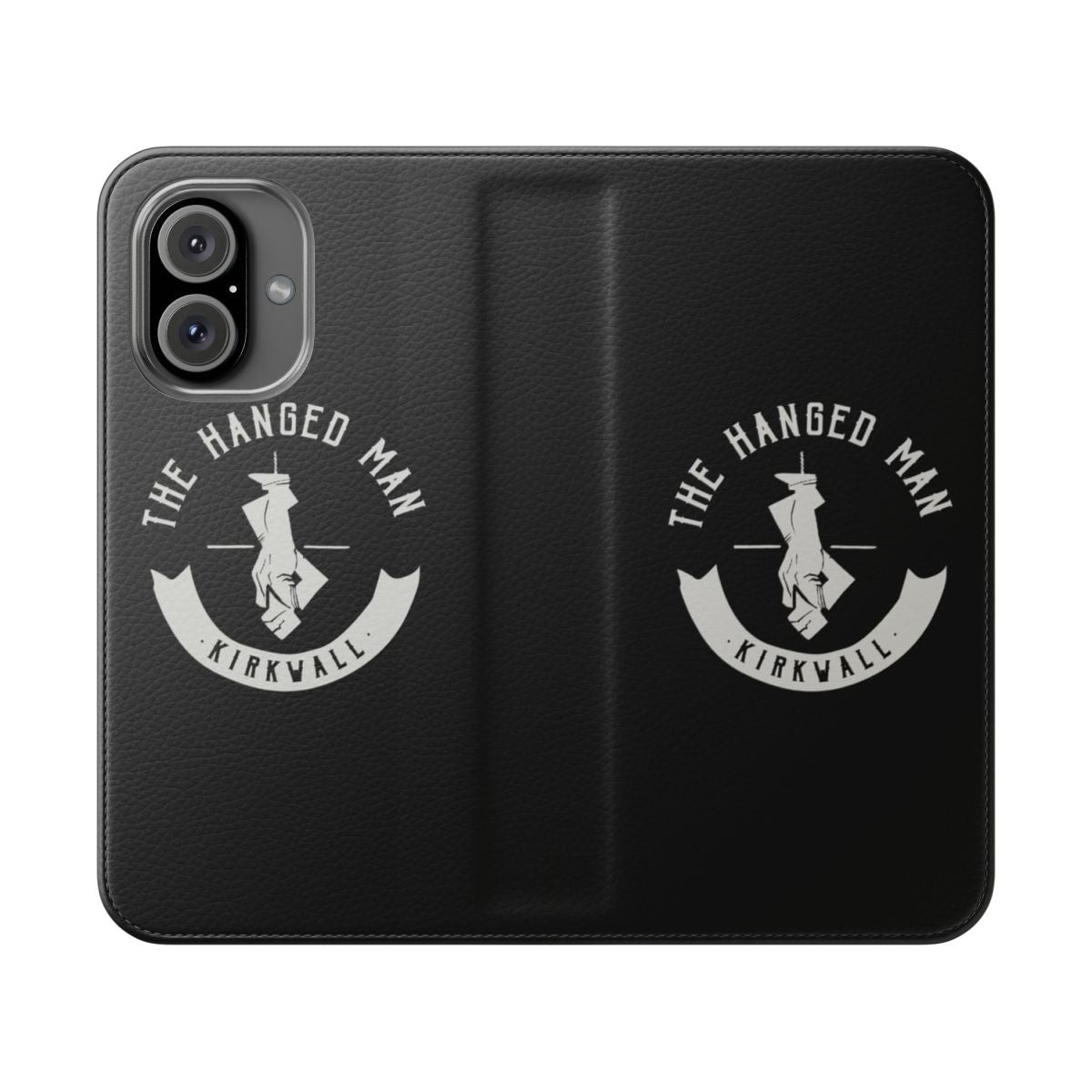 A white flip cover phone case featuring the Hanged Man pub logo from the video game Dragon Age 2.