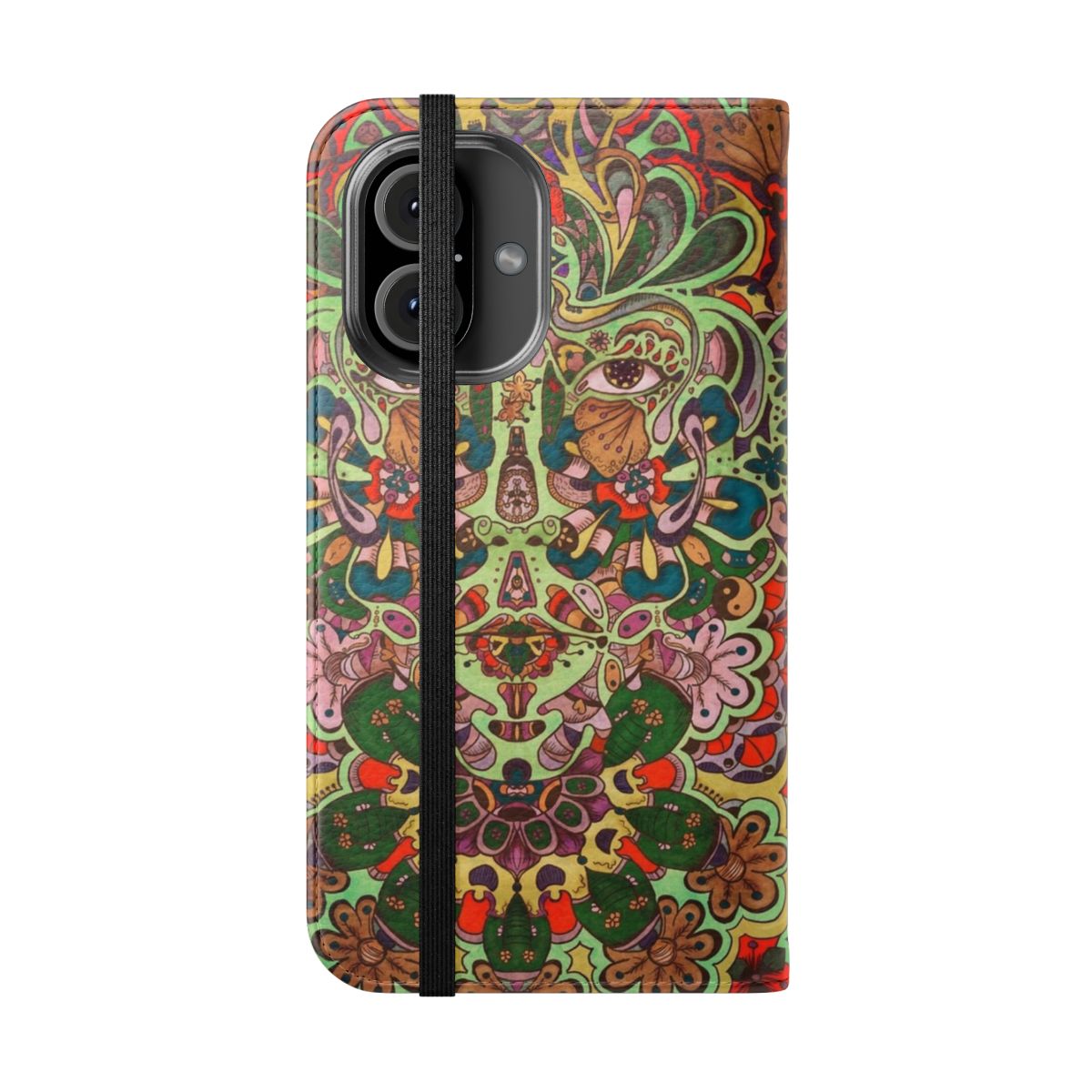 Colorful psychedelic and trippy phone case with retro 60s patterns and eye design - Folded Front