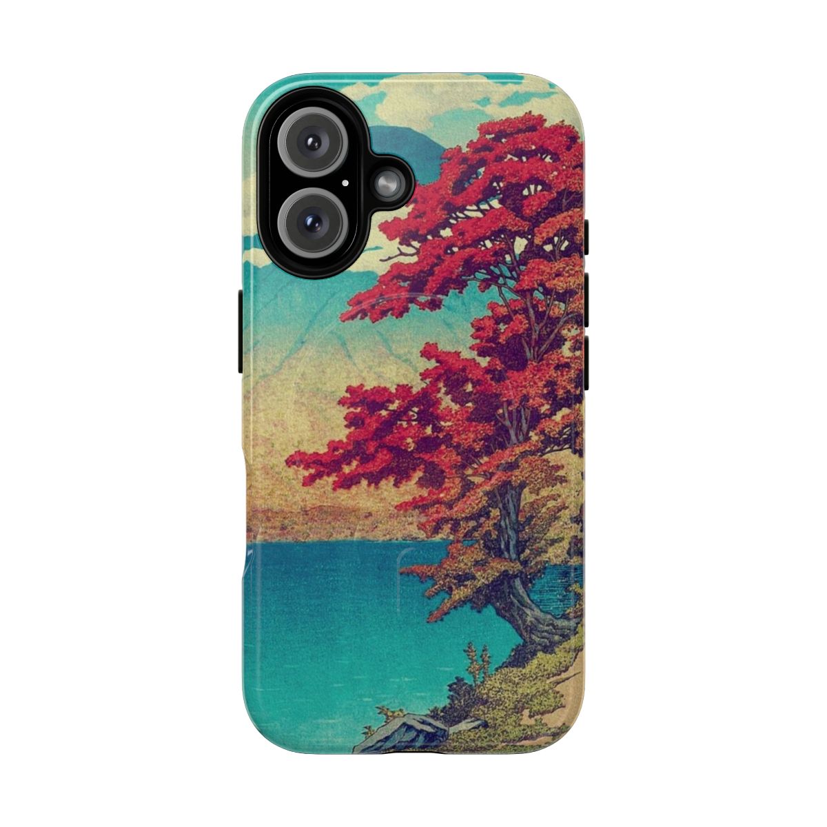 Magnetic phone case featuring a serene Japanese landscape with mountains, a lake, and clouds.