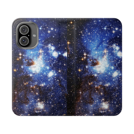 Blue galaxy space-themed phone case with a cosmic nebula pattern