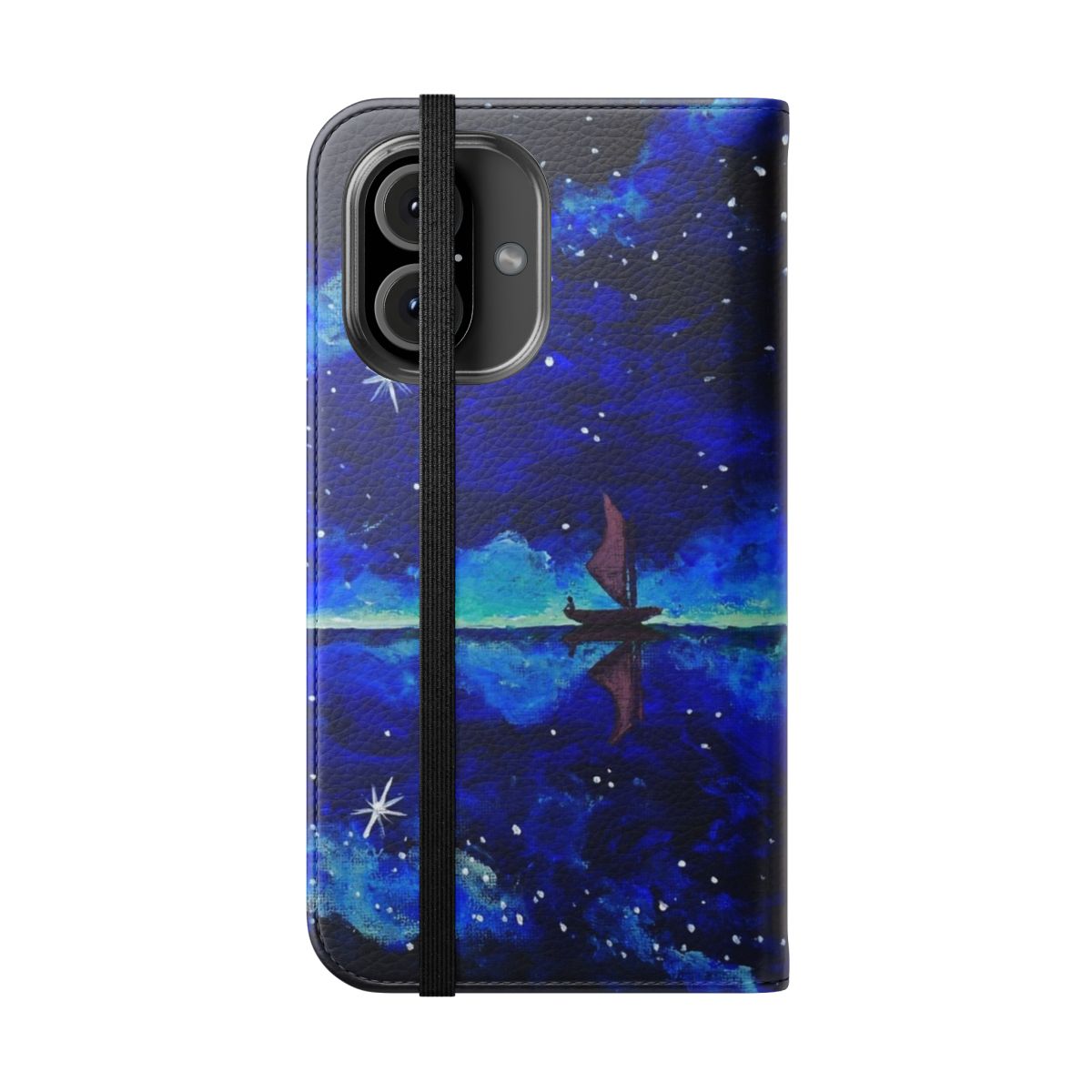 Celestial-inspired Moana phone case cover with night sky, stars, and sailing ship design - Folded Front