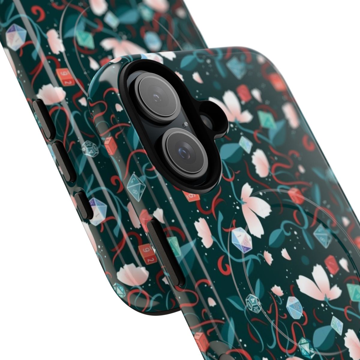 Magnetic tough phone case with a dark blue pattern featuring flowers and polyhedral dice. - Detail