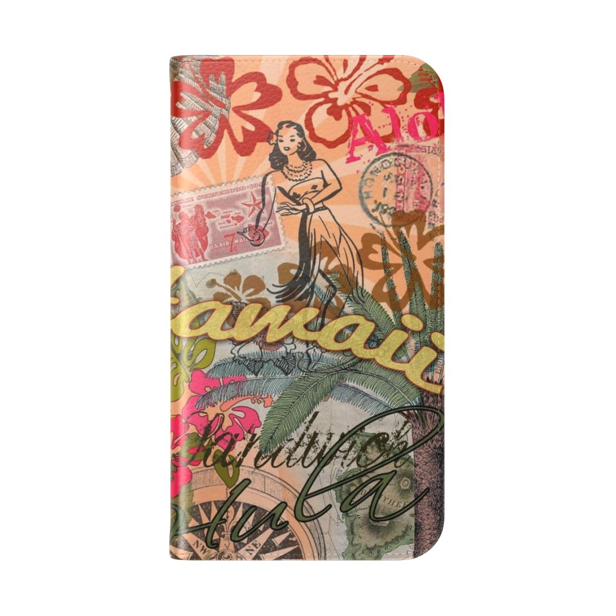 Vintage-style Hawaiian tropical floral and doodle collage design on a flip cover phone case - Folded Back