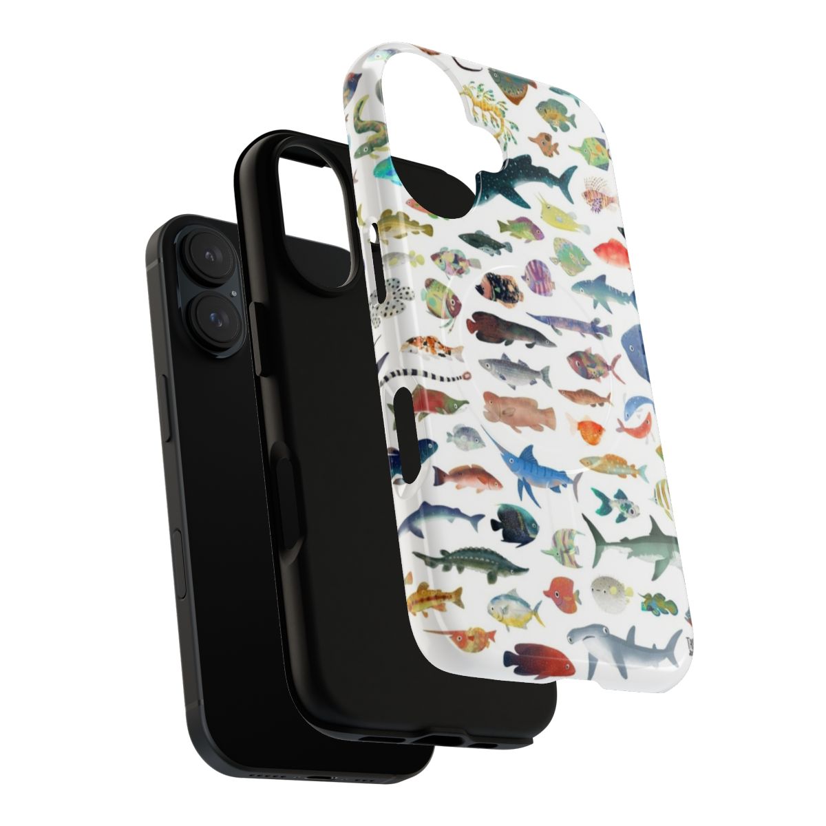 Colorful illustration of various marine life including fish, sharks, and whale sharks on a magnetic tough phone case - Layers