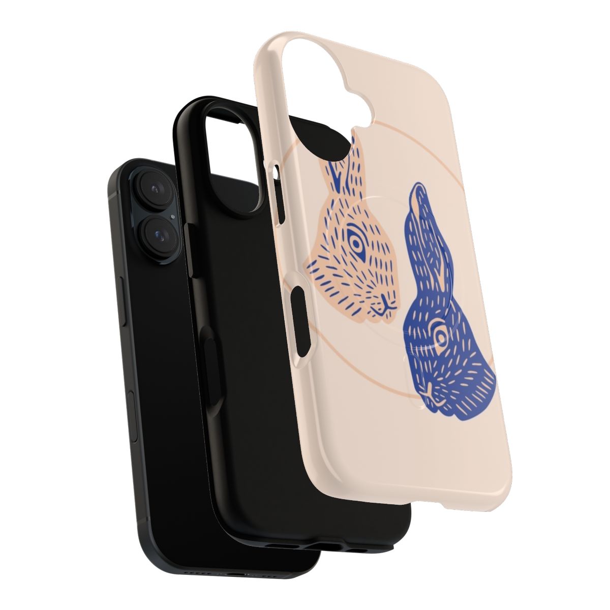 Magnetic tough phone case with a rabbit, lino-cut style nature design - Layers