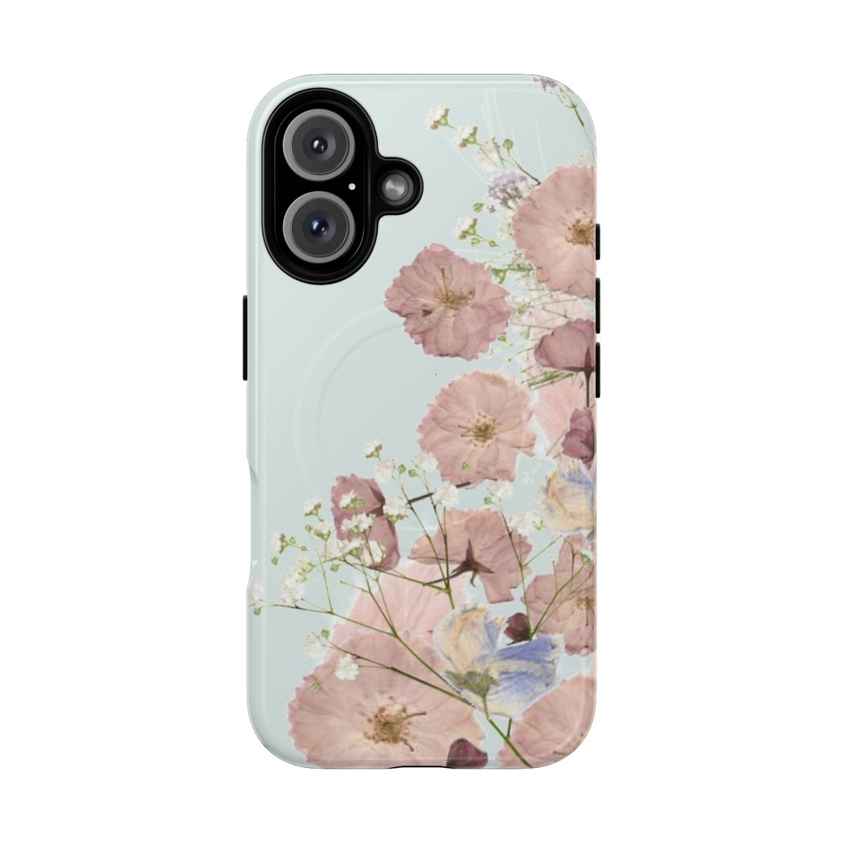 Dried pressed flowers encased in a magnetic tough phone cover