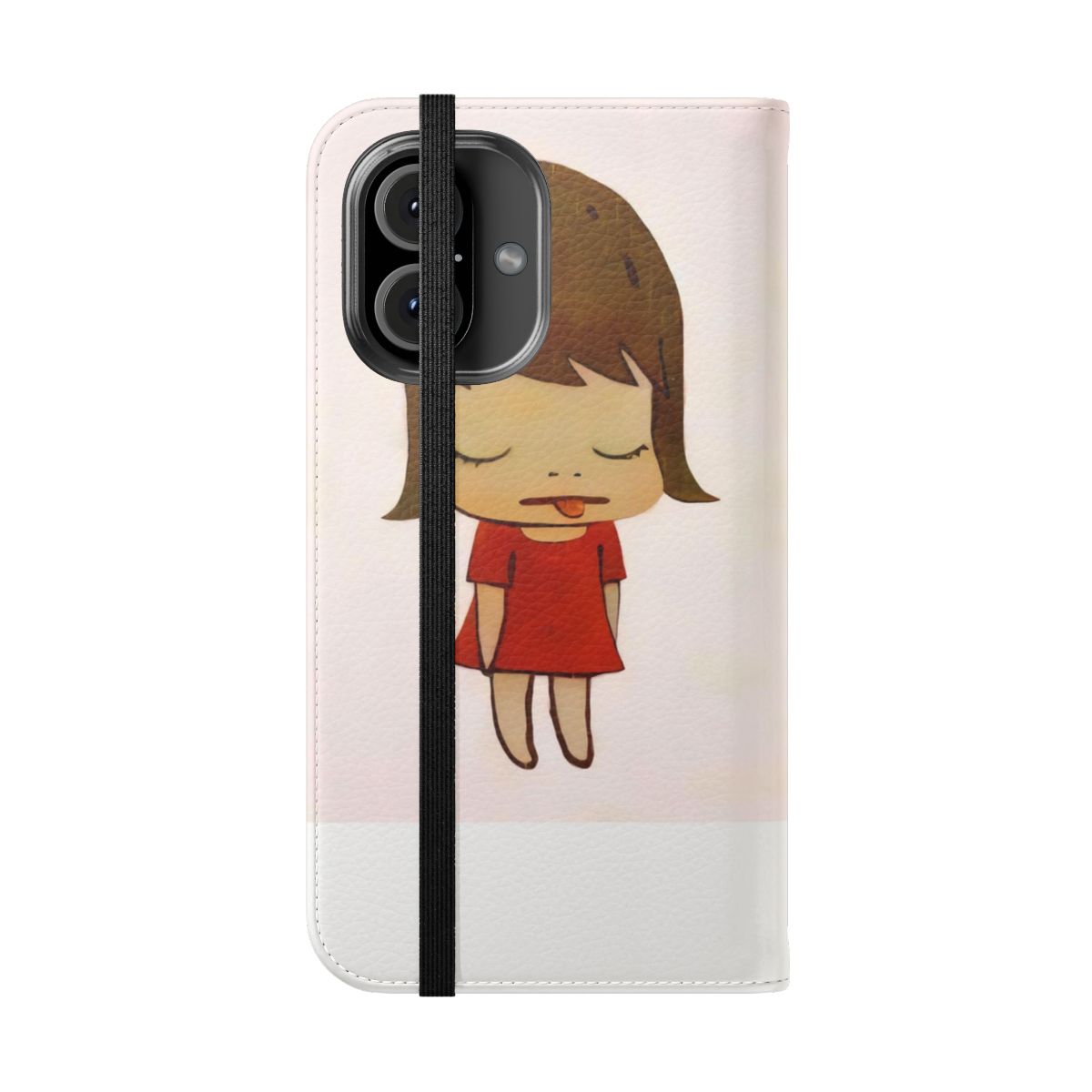 Flip phone case featuring a cute baby girl in a red dress, inspired by the art of Japanese artist Yoshitomo Nara. - Folded Front