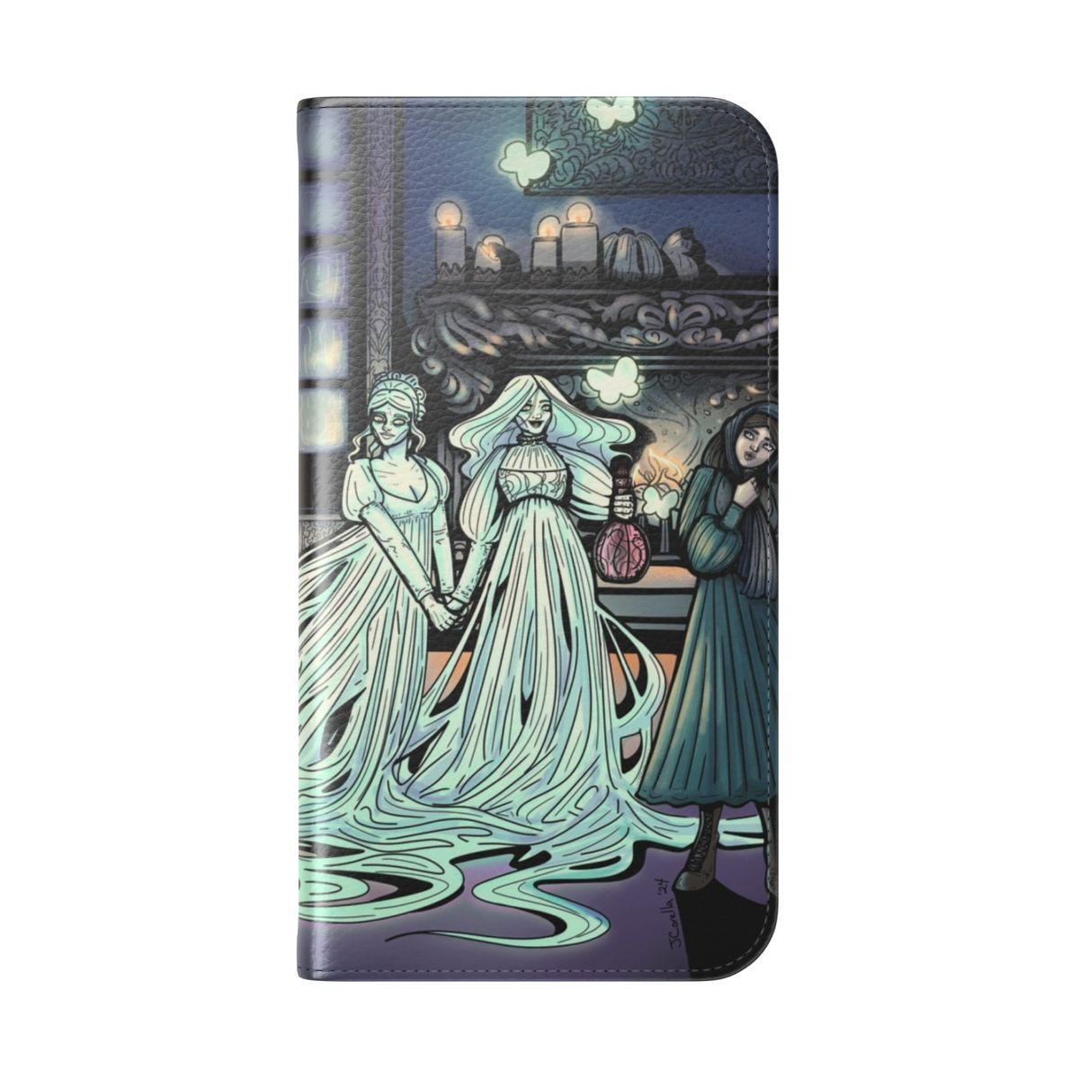 A flip phone case featuring a vintage gothic haunted house illustration with a ghostly atmosphere. - Folded Back