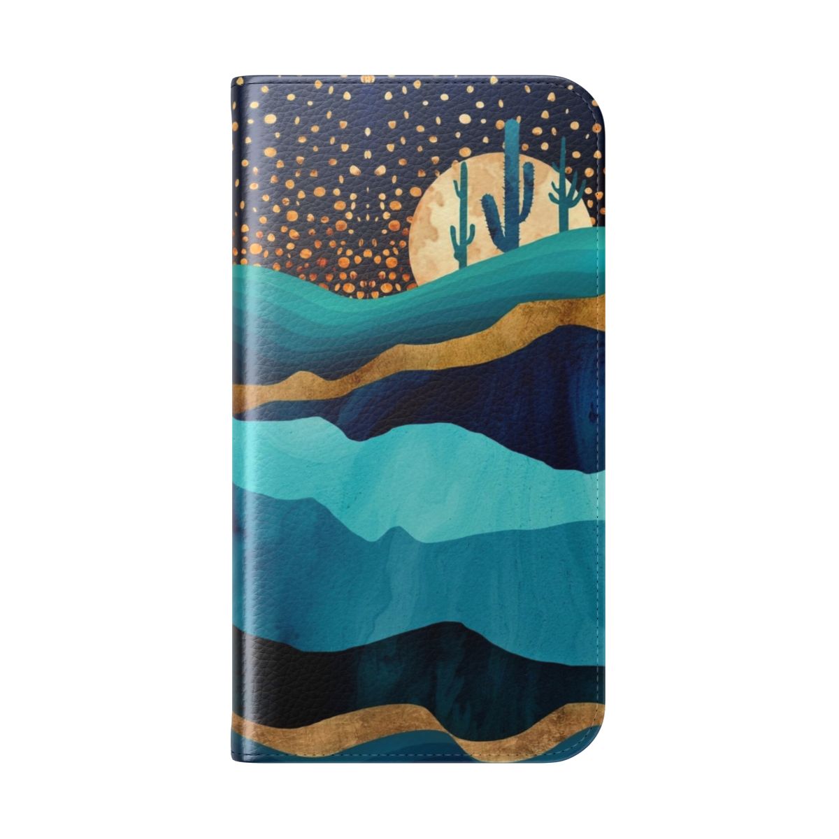 Indigo landscape phone case featuring a night sky with mountains, cactus, and stars - Folded Back