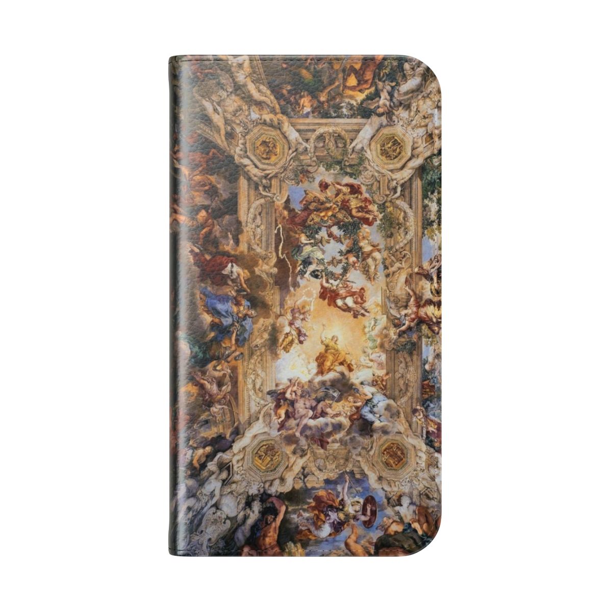 Flip phone case cover with a Renaissance-style painting of gods and angels on a mural or fresco ceiling. - Folded Back