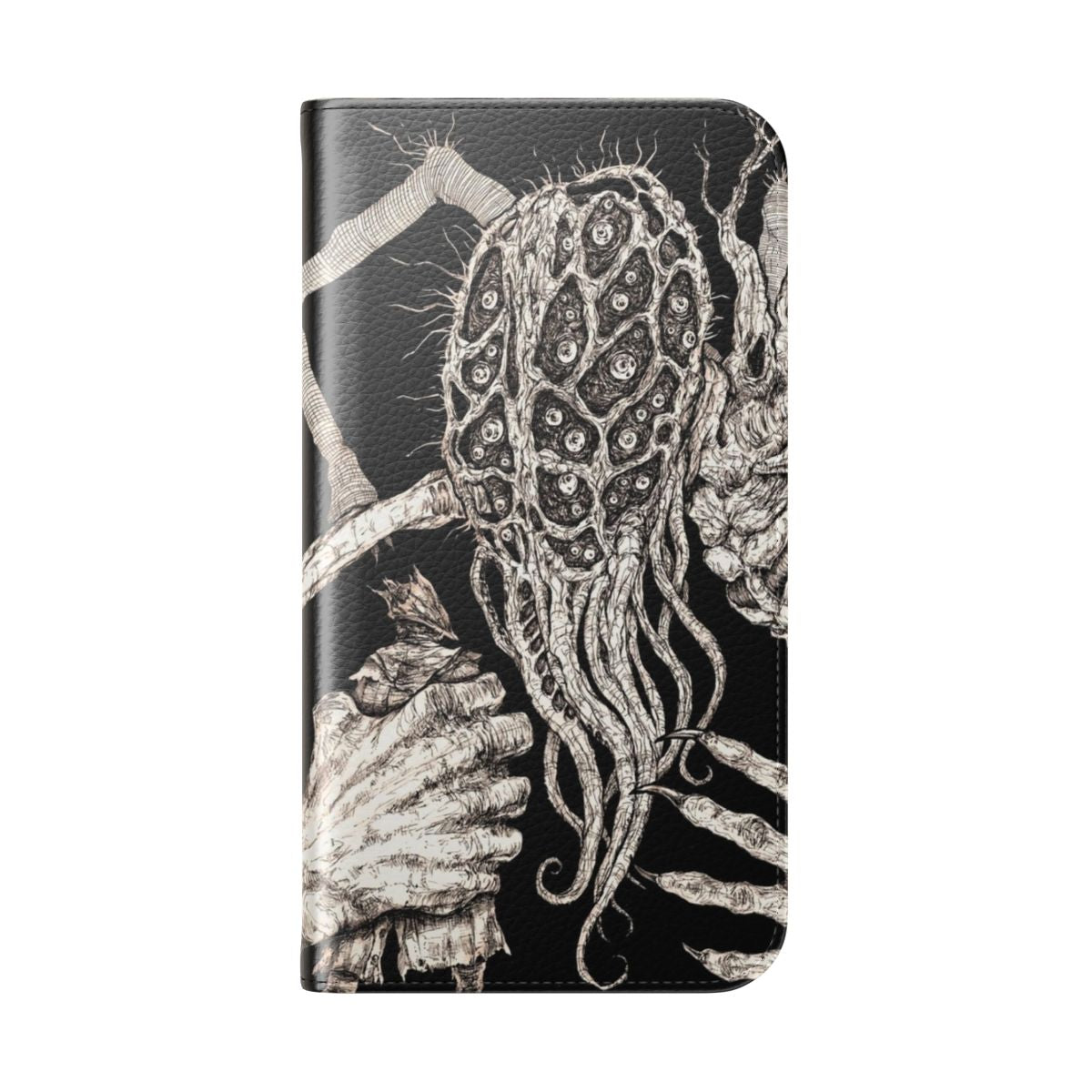 Terrifying horror-themed flip phone case with amygdala and other dark, creepy imagery - Folded Back